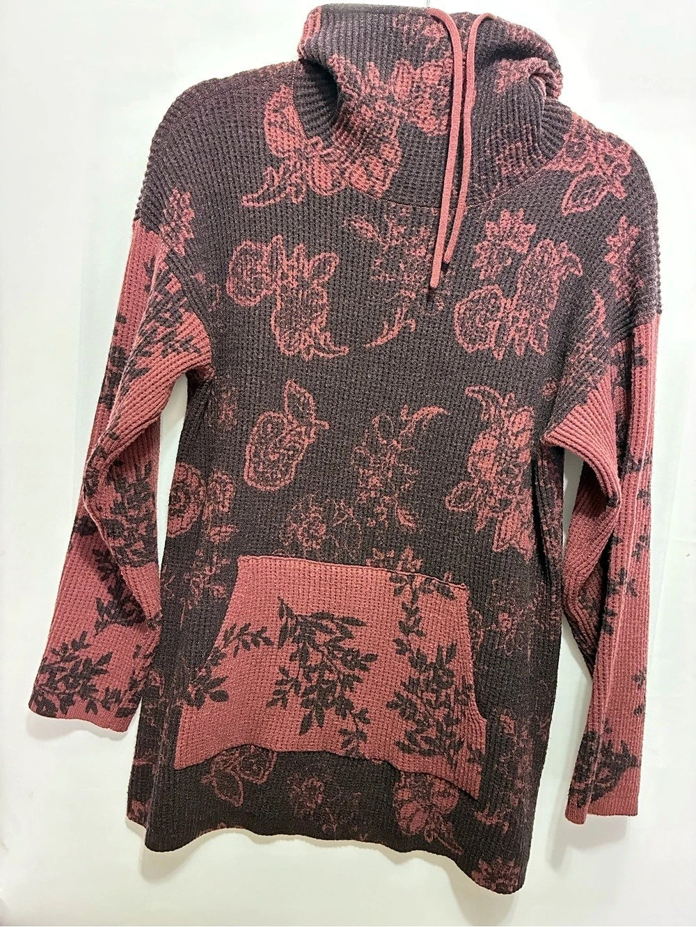 Coldwater Creek Women’s Medium Burgundy Floral Cowl Neck Waffle Knit Sweater - Picture 2 of 5